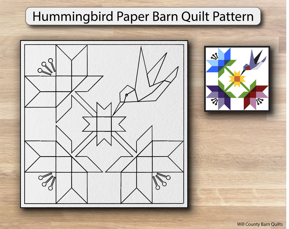 Hummingbird barn quilt paper pattern shown next to a painted barn quilt example