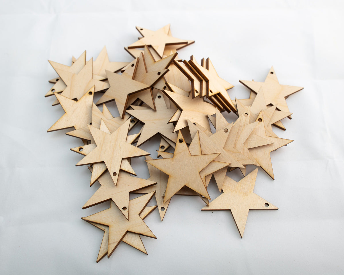 Wooden Stars with Hole, 50, 100, 300, 1/8" Thick Stars, Star Hanging Ornament - Design Concepts Chi