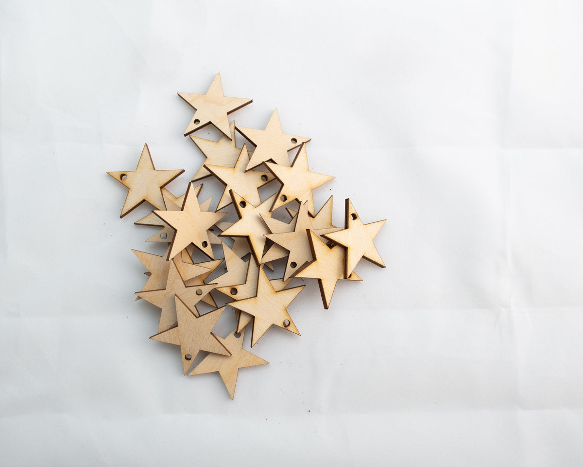 Wooden Stars with Hole, 50, 100, 300, 1/8" Thick Stars, Star Hanging Ornament - Design Concepts Chi