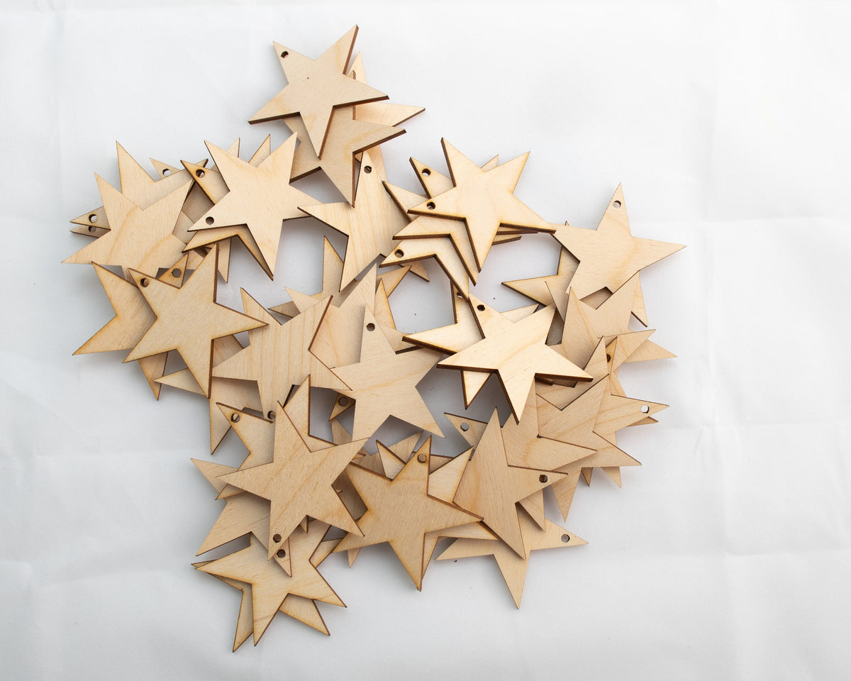 Wooden Stars with Hole, 50, 100, 300, 1/8" Thick Stars, Star Hanging Ornament - Design Concepts Chi
