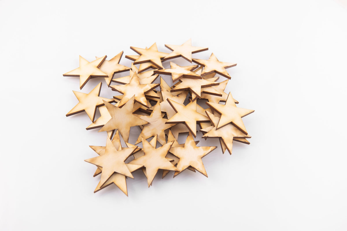 50pcs - 2in Rustic/Burned Wood Stars, 1/8in thick, Wooden Stars- DIY Craft Supplies 25mm for Flag Making - Design Concepts Chi