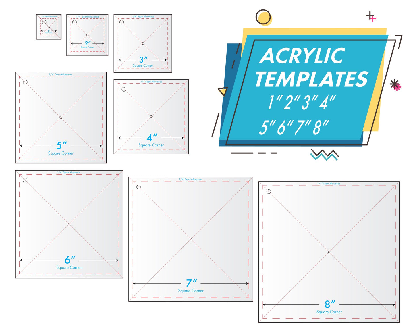 8 Piece Kit Square Acrylic Pattern Templates Quilting Sewing Leathercraft 1in 2in 3in 4in 5in 6in 7in 8in - Design Concepts Chi